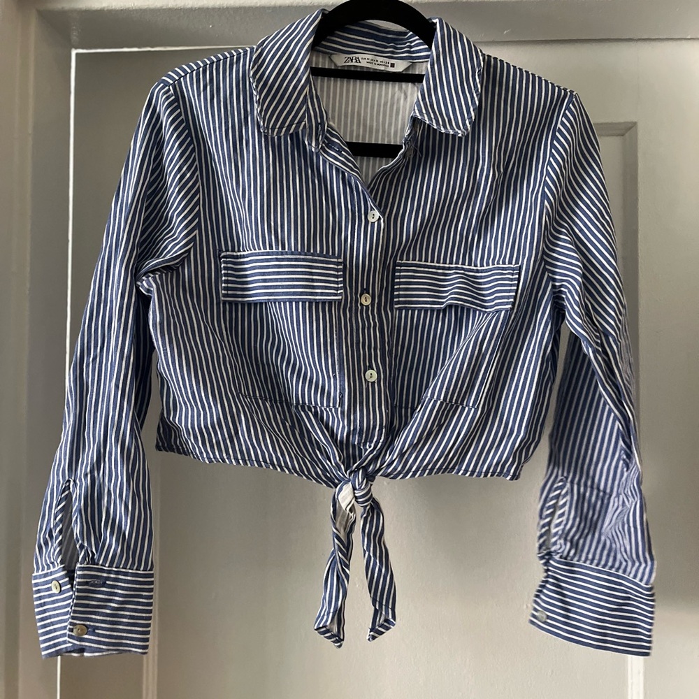 Zara Navy Striped Crop Button-Down Shirt